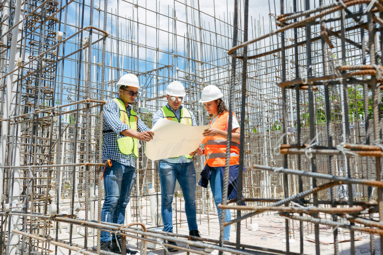 Construction contractors reviewing building plans at worksite